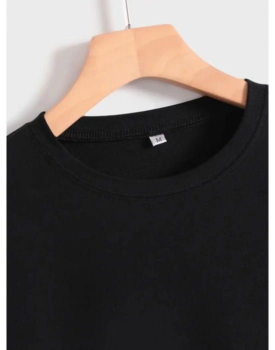 Kadın Penye Compack Baskılı Oversize Kısa Kol Bisiklet Yaka T-shirt - Siyah