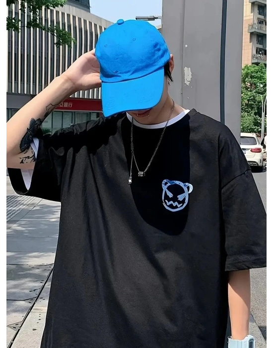 ERKEK Penye Compack Bisiklet Yaka Kore tarzı sevimli ayı baskı Kısa Kol Erkek t-shirt - Siyah