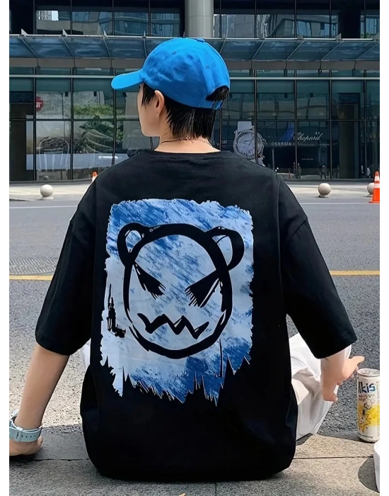 ERKEK Penye Compack Bisiklet Yaka Kore tarzı sevimli ayı baskı Kısa Kol Erkek t-shirt - Siyah