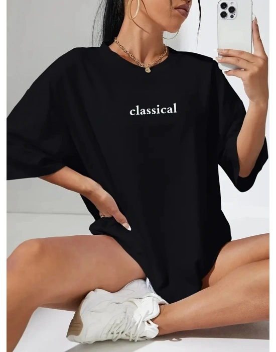 Kadın Penye Compack Classical Baskılı Siyah Oversize Tişort - Siyah