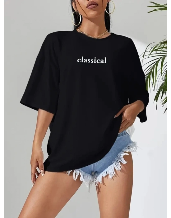 Kadın Penye Compack Classical Baskılı Siyah Oversize Tişort - Siyah