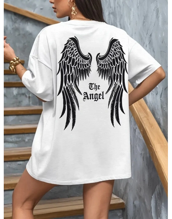 Kadın Penye Compack Dark Angel Baskılı Kısa Kol Yazlık T-shirt- Beyaz