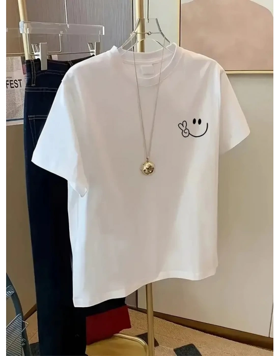 Kadın Bisiklet yaka Gülücük Baskılı Oversize Kısa Kol Yazlık T-shirt - Beyaz