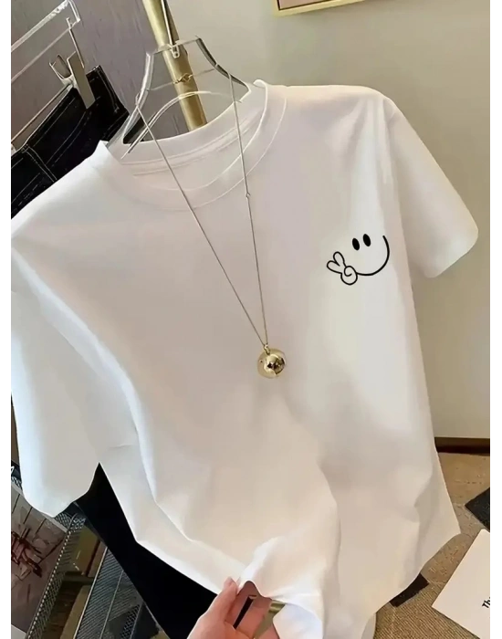 Kadın Bisiklet yaka Gülücük Baskılı Oversize Kısa Kol Yazlık T-shirt - Beyaz