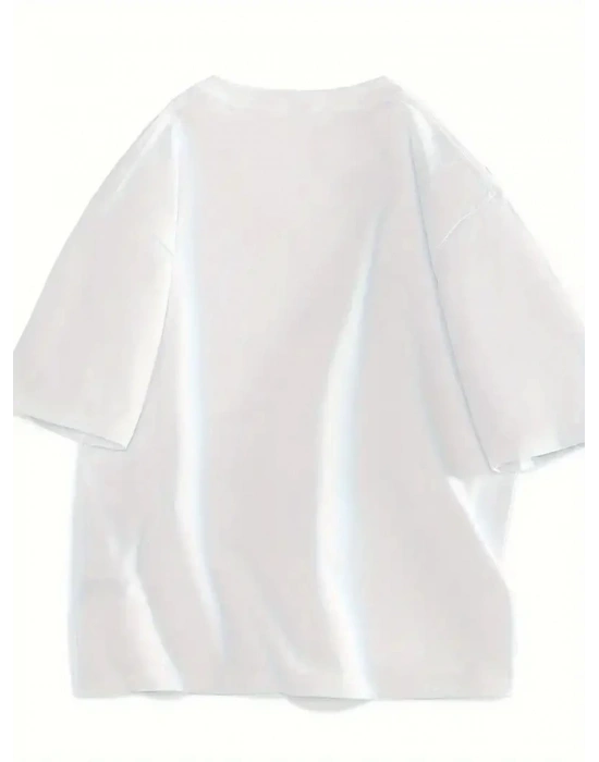 Kadın Bisiklet yaka Gülücük Baskılı Oversize Kısa Kol Yazlık T-shirt - Beyaz