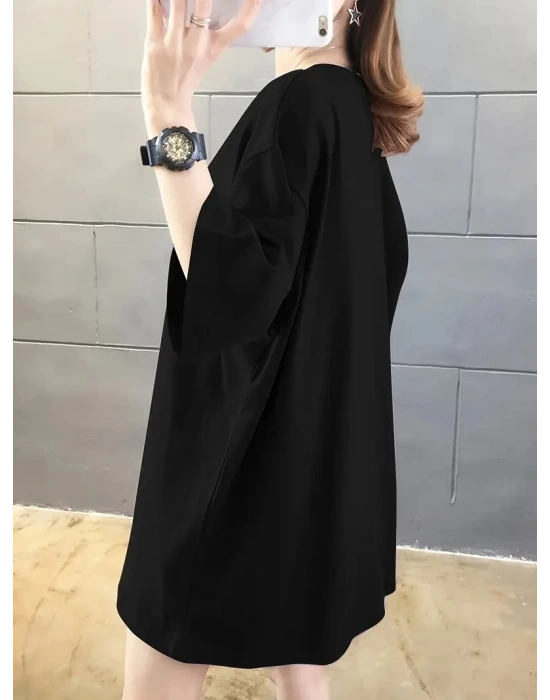 Kadın Penye Compack  Baskılı Oversize Bisiklet Yaka T-shirt - Siyah