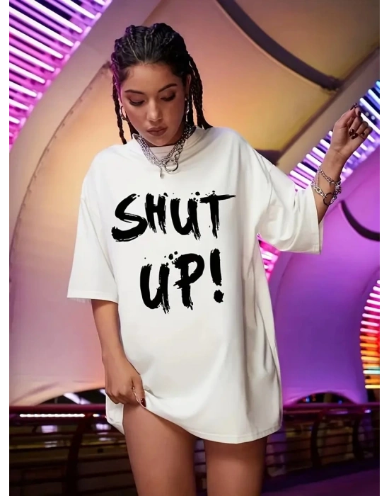 Kadın Penye Compack Beyaz Shut Up Kısa Kol Yazlık Tişört - Beyaz