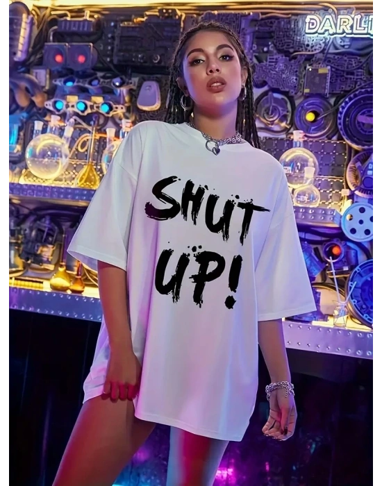 Kadın Penye Compack Beyaz Shut Up Kısa Kol Yazlık Tişört - Beyaz