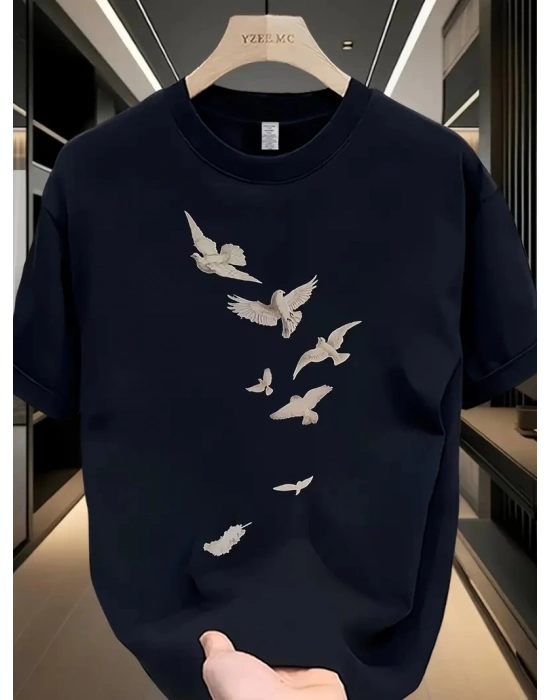 ERKEK Penye Compack Özgür kuşlar Baskılı Baskılı Oversize Bisiklet Yaka T-shirt - Beyaz