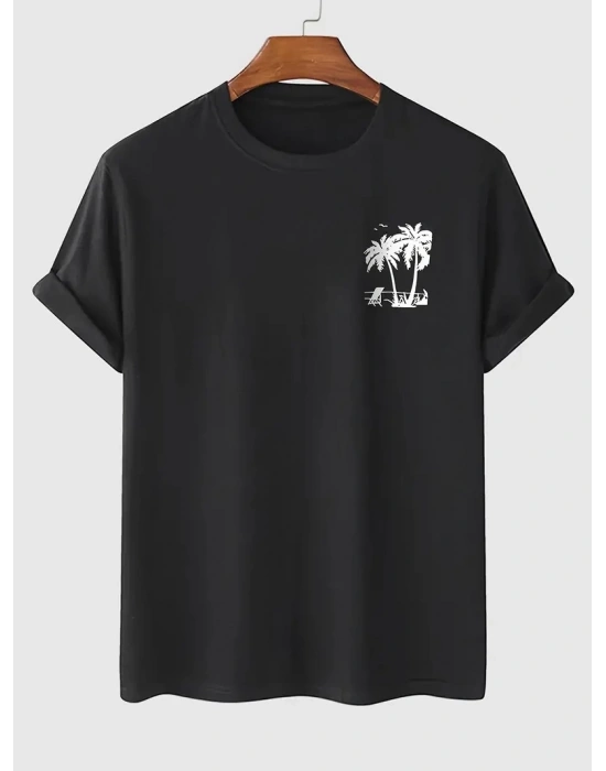 Kadın Penye Compack Palmiye Baskılı Oversize Bisiklet Yaka Kısa Kol T-shirt - Siyah