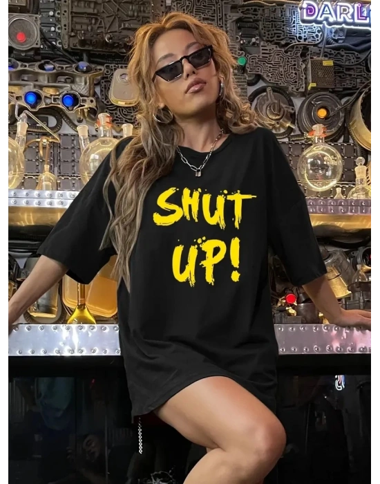 Kadın Shut up Baskılı Bisiklet Yaka Kısa Kol T-shirt - Siyah