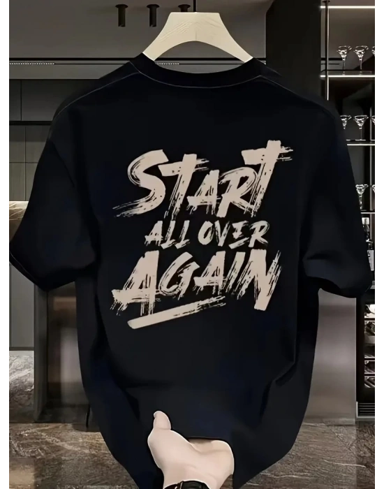Erkek Penye Start All Over Baskılı  Bisiklet Yaka Kısa Kol T-shirt - Siyah