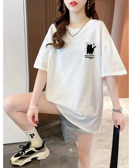 Kadın Penye Compack Tatlı Kedi Baskılı Bisiklet Yaka T-shirt - Beyaz