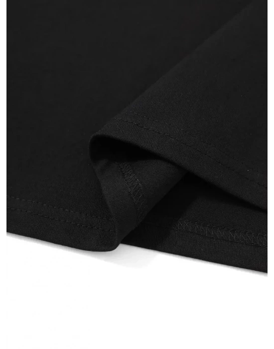 Kadın Penye Compack Uçak Baskılı Bisiklet Yaka Kısa Kol T-shirt - Siyah