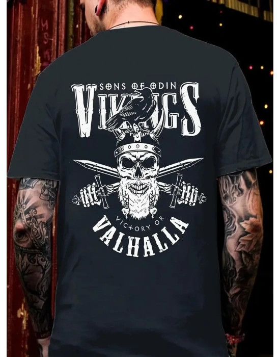 Erkek Penye Compack Vikings Valhalla Baskılı Bisiklet Yaka T-shirt - Siyah