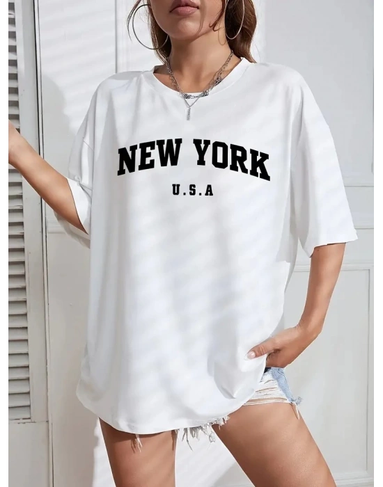 Kadın Penye CompackNew York Baskılı Oversize Kısa Kol Bisiklet Yaka T-shirt - Beyaz
