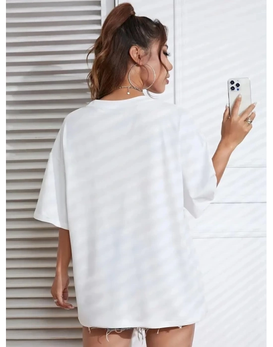 Kadın Penye CompackNew York Baskılı Oversize Kısa Kol Bisiklet Yaka T-shirt - Beyaz