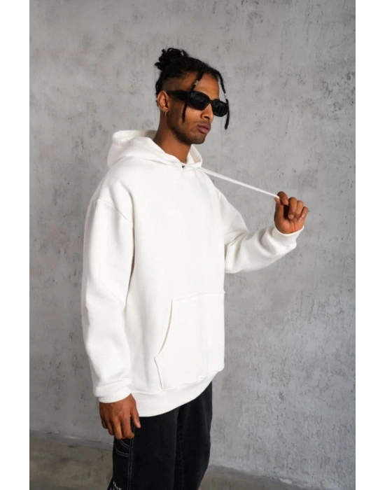 3 İplik Kapşonlu Sweatshirt - Beyaz