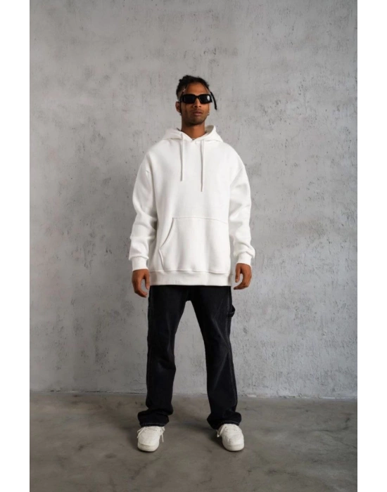 3 İplik Kapşonlu Sweatshirt - Beyaz