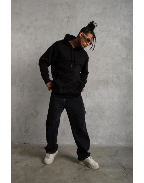 3 İplik Kapşonlu Sweatshirt - Siyah