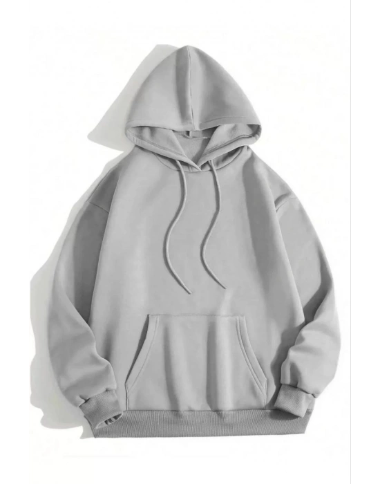 Kadın 3 İplik Pamuklu  Kapşonlu Sweetshirt - Gri