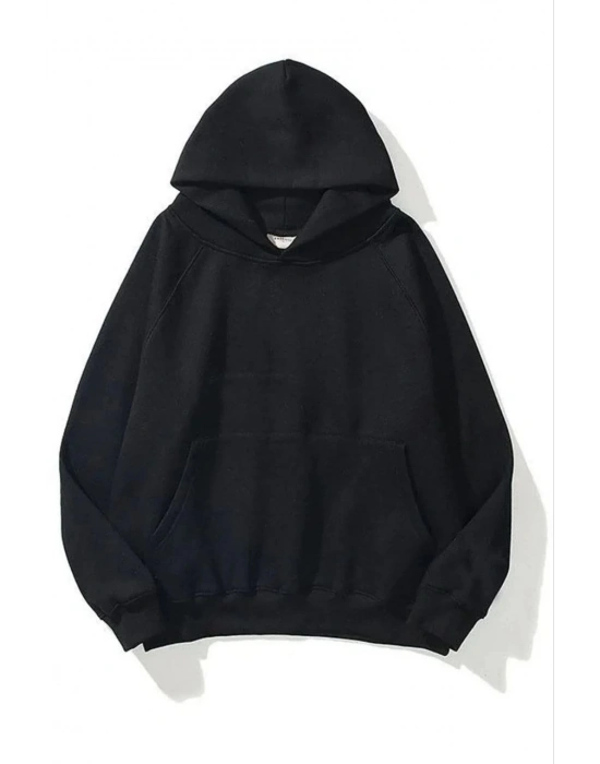 Kadın 3 İplik Pamuklu Kapşonlu Sweetshirt - Siyah