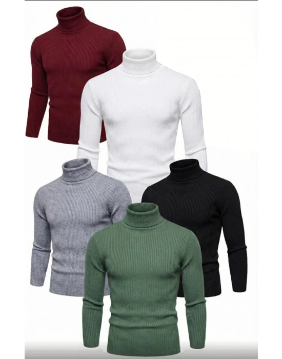 ERKEK 5li Siyah, Beyaz, Bordo, Gri, Haki Kaşkorse Boğazlı Full Likralı Fitilli Body Kazak