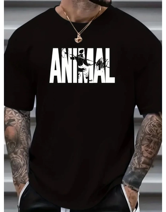 ANIMAL Desen Baskı Erkek Oversive Tişört Grafik Tişört Erkek Outdoor Kıyafetleri - Siyah