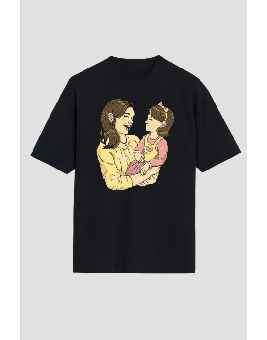 Anneler Gününe Özel Tasarım Anne Kız Baskılı T-shirt - Siyah