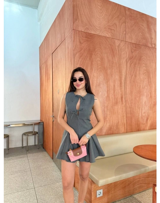 Bağcık detaylı Kolsuz Mini Elbise - Antrasit