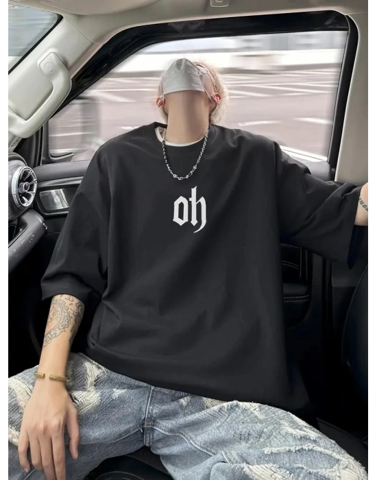 Baskı Oh Erkek Oversive Tişört Grafik Tişört Erkek Outdoor Kıyafetleri Sporda ve - Siyah