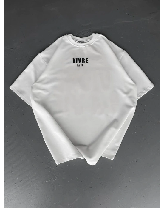 Erkek Baskılı Oversize Bisiklet Yaka T-shirt - Beyaz