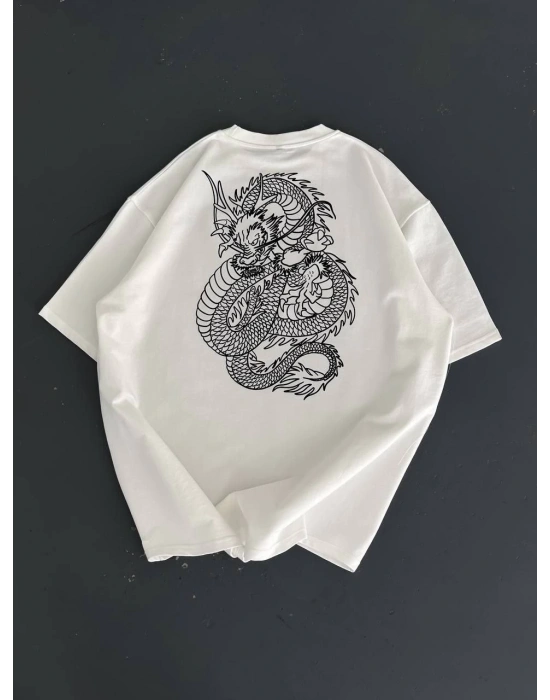 Erkek Baskılı Oversize Bisiklet Yaka T-shirt - Beyaz