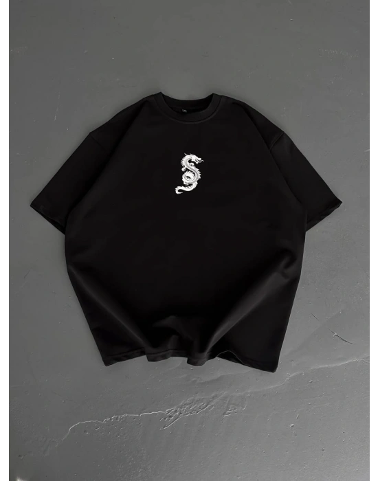 Baskılı Oversize Bisiklet Yaka - Siyah