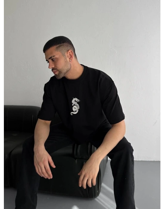 Baskılı Oversize Bisiklet Yaka - Siyah