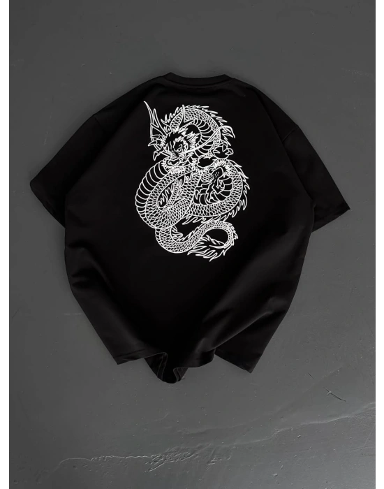 Baskılı Oversize Bisiklet Yaka - Siyah