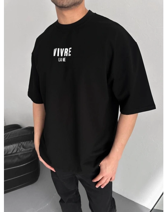 ERKEK Baskılı Oversize Bisiklet Yaka T-shirt - Siyah