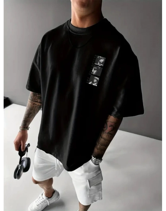 Benzersiz Sırt Baskılı Erkek Sokak Stili Bol Tişört - Nefes Alabilir Polyester - Siyah