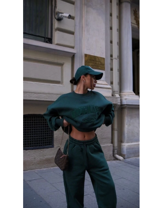 Bisiklet Yaka Nakış İşlemeli Üç İplik Sweat Takım - Yeşil