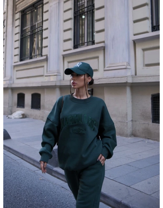 Bisiklet Yaka Nakış İşlemeli Üç İplik Sweat Takım - Yeşil