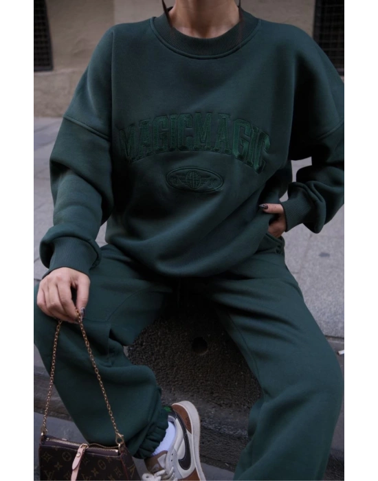 Bisiklet Yaka Nakış İşlemeli Üç İplik Sweat Takım - Yeşil