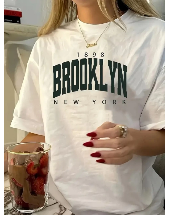 Kadın Brooklyn Harf Baskılı T-shirt, Rahat Kısa Kollu Bol T-shirt, Kadın Giyim - Beyaz