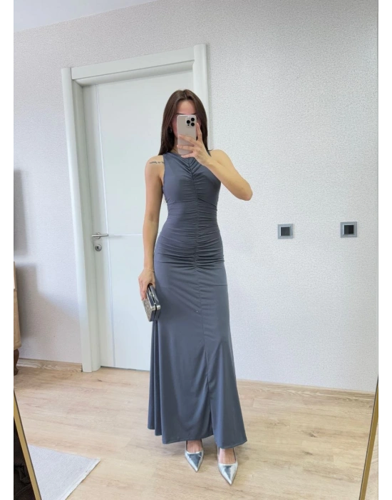 Bürümcük Kumaşlı İçi Astarlı Üzgülü Kolsuz Büzgülü Uzun Elbise - Füme