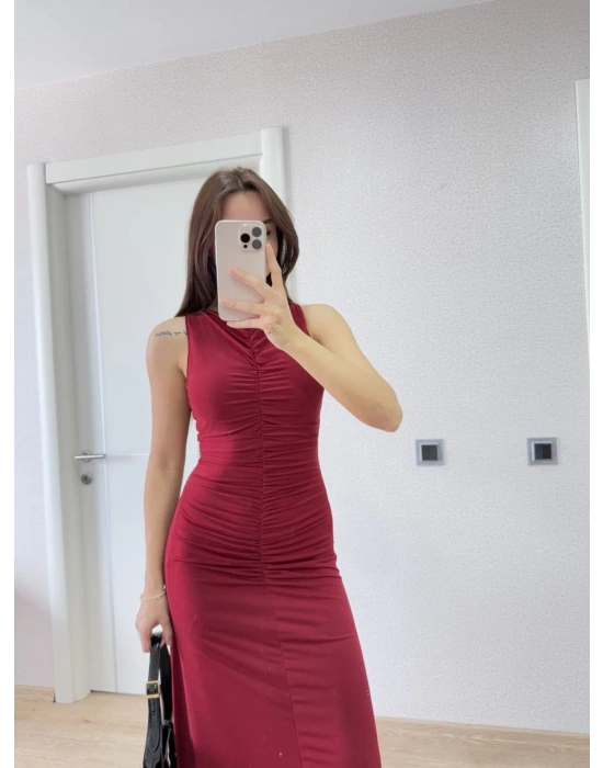 Bürümcük Kumaşlı İçi Astarlı Üzgülü Kolsuz Büzgülü Uzun Elbise - Kırmızı