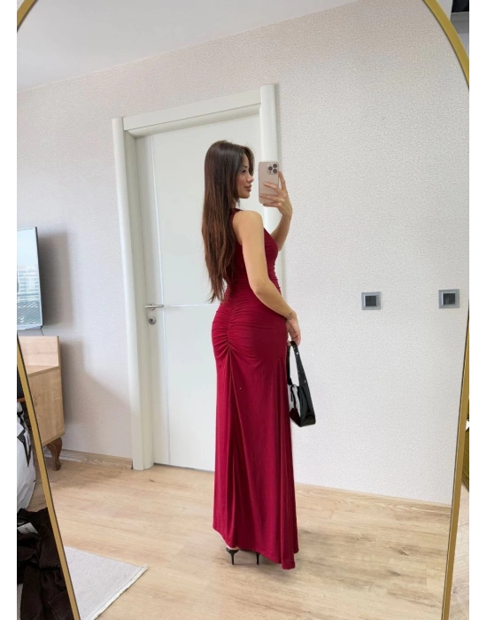 Bürümcük Kumaşlı İçi Astarlı Üzgülü Kolsuz Büzgülü Uzun Elbise - Kırmızı