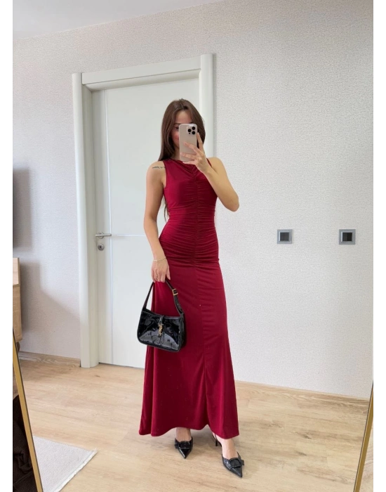 Bürümcük Kumaşlı İçi Astarlı Üzgülü Kolsuz Büzgülü Uzun Elbise - Kırmızı
