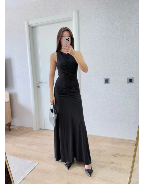 Bürümcük Kumaşlı İçi Astarlı Üzgülü Kolsuz Büzgülü Uzun Elbise - Siyah