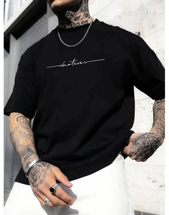 Büyük Beden Erkek Whatever Baskılı Tişört Oversize Erkekler İçin Yaz Modası Kısa - Siyah