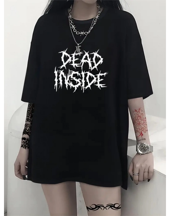 Canlı Harf Baskılı Büyük Boy Oversize Kısa Kollu Tişört - Yumuşak Nefes Alabilir - Siyah