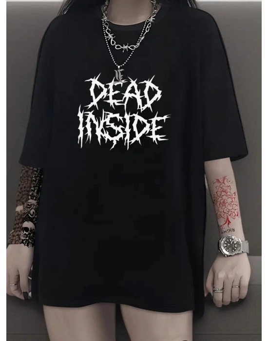 Canlı Harf Baskılı Büyük Boy Oversize Kısa Kollu Tişört - Yumuşak Nefes Alabilir - Siyah